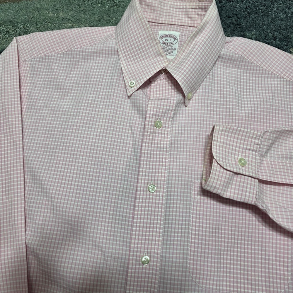 Brooks Brothers Makers Pink Check Button Down Shirt 15-33 All Cotton USA